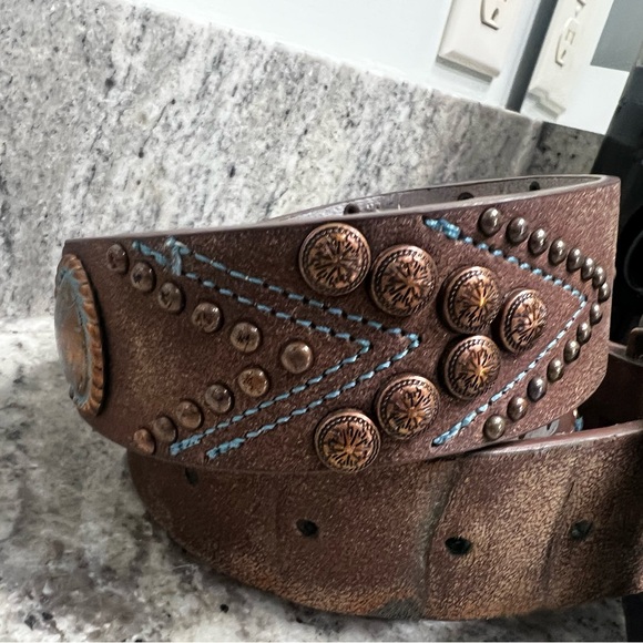 Brown Leather Belt with Turquoise Buckle size large western belt with buckle - Picture 2 of 5